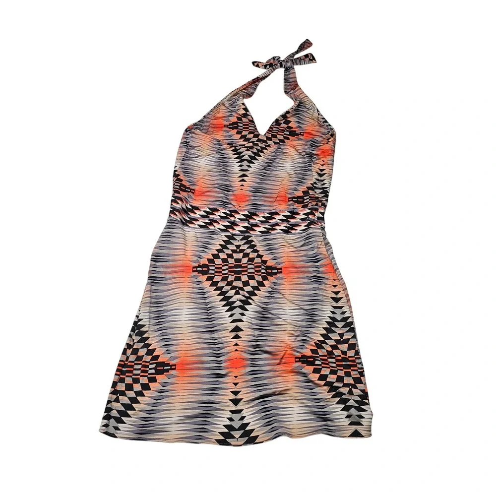 BCBGMAXAZRIA Halter‎ Deep V-Neck Dress Aztec Geo Stretch Orange Navy XS NWT